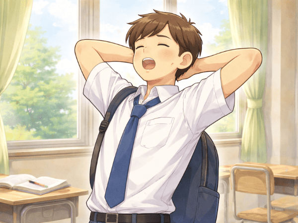 疲れて伸びをする学生